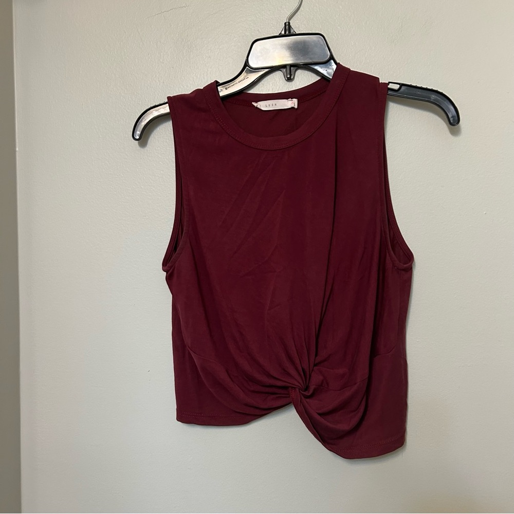Lush Women’s Sleeveless Top Maroon Twist Front XS Athleisure Tank Top